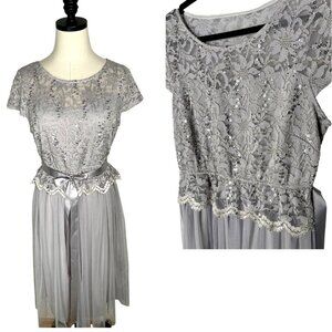 1950's VINTAGE 6 Stretch Lace Tulle Fit & Flare Midi Dres Sequin Gray Silver EUC